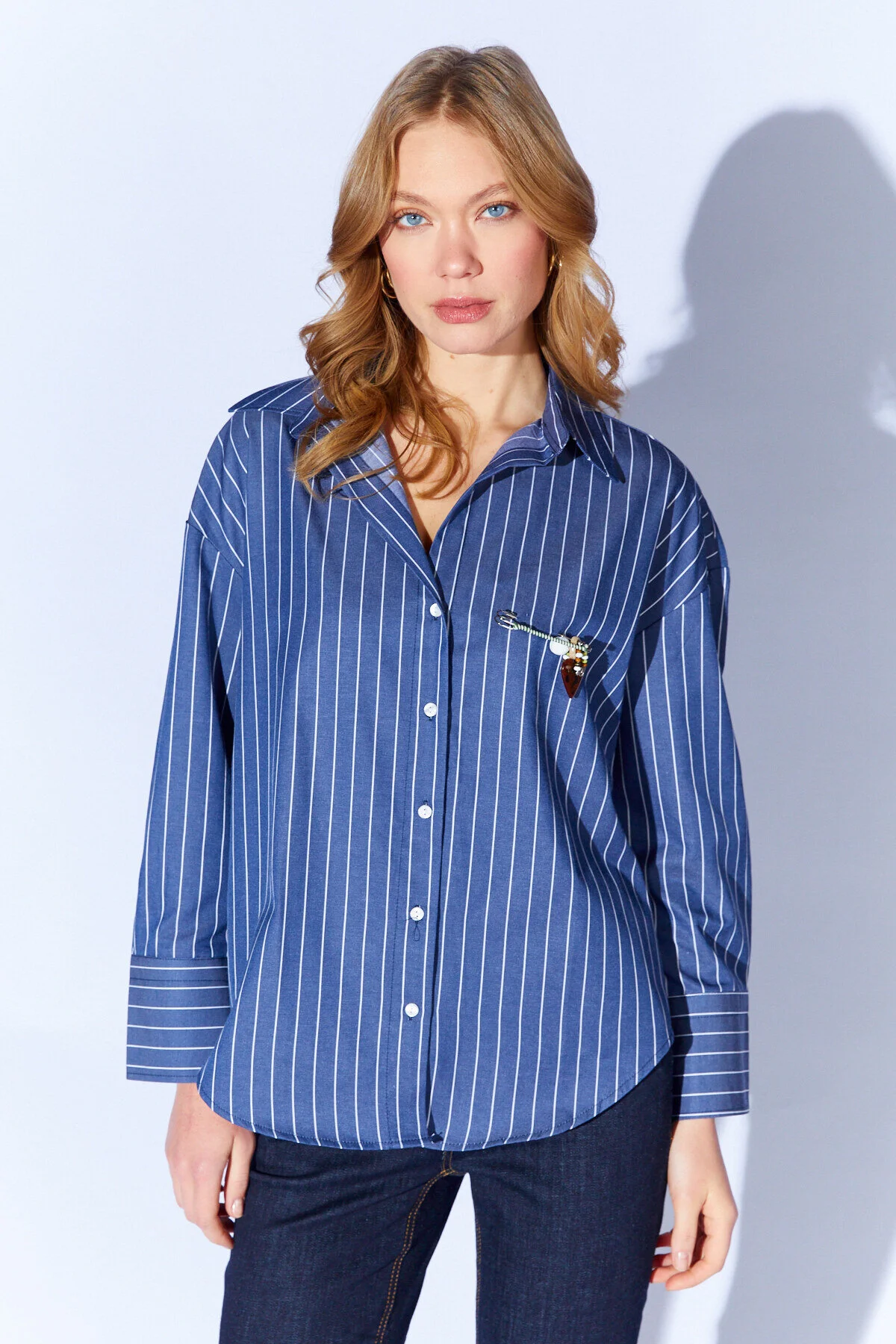 EDITION Lacivert Kadın Çizgili Oversize Gömlek| Ek1007430-7430 XS Beden" Kadın Gömlek Fiyatı