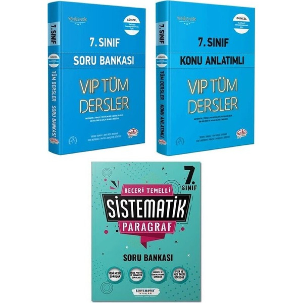 Editör Yayınları Editör 7.sınıf Vip Konu + Soru ve Sistematik 7.sınıf Paragraf Soru 3 Kitap Set Kaynak Kitapları Fiyatı
