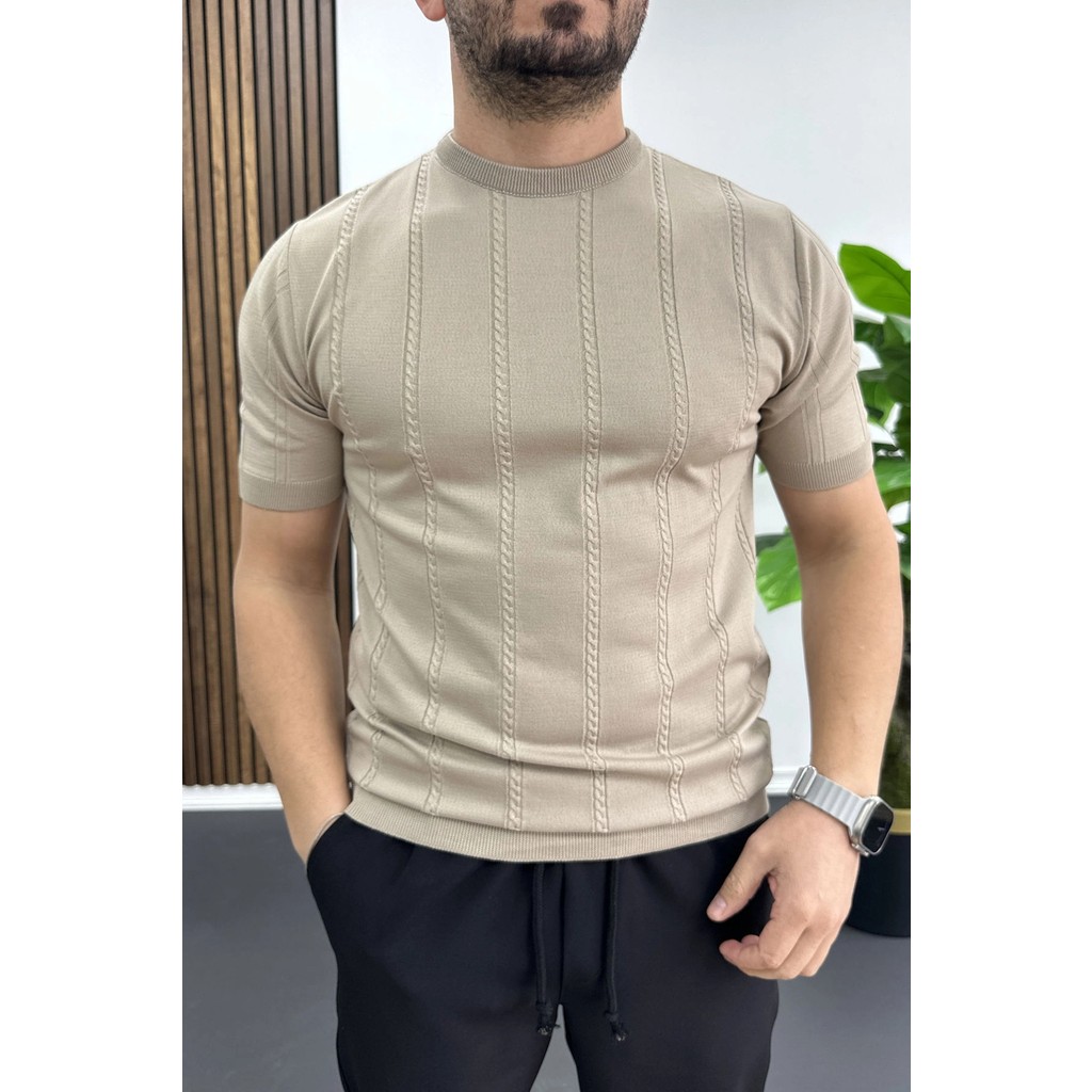Edwox Erkek Bisiklet Yaka Desenli Tişört Vizon EDW454 Giyim & İç Giyim Fiyatı