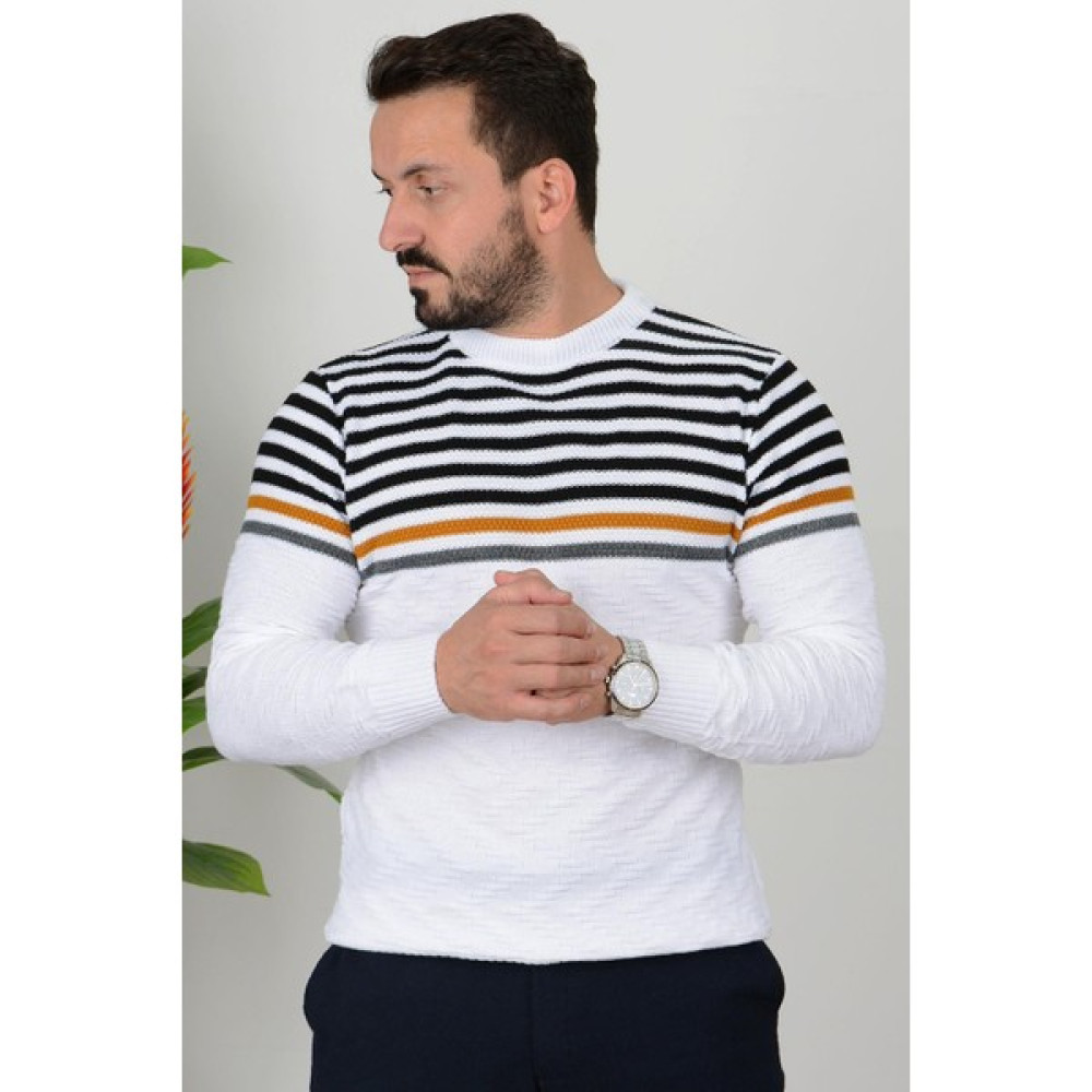 Edwox Erkek Çizgili Bisiklet Yaka Slim Fit Triko Kazak Beyaz Edw019 Erkek Kazak & Süveter & Triko Fiyatı
