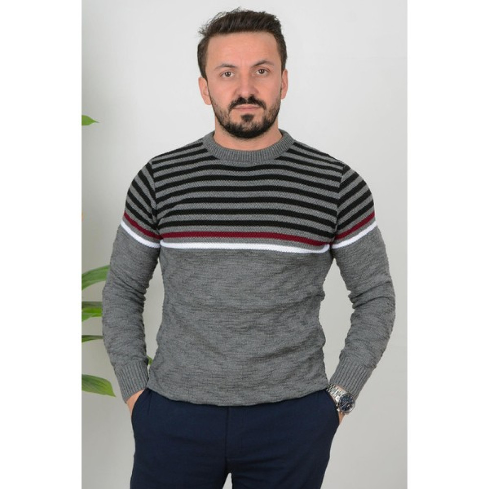 Edwox Erkek Çizgili Bisiklet Yaka Slim Fit Triko Kazak Gri Edw019 Erkek Kazak & Süveter & Triko Fiyatı