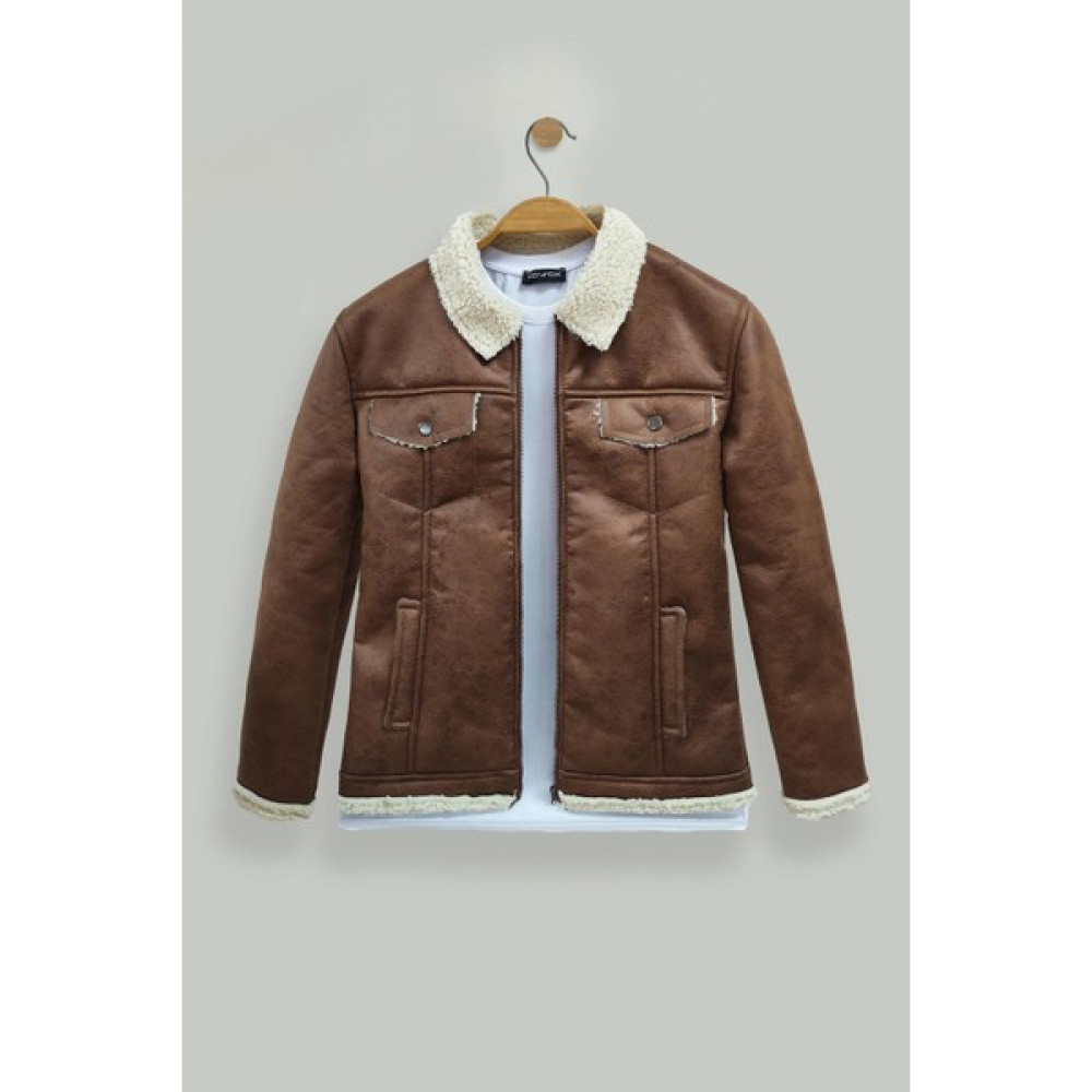 Edwox Erkek Içi Kürklü Slim Fit Premium Suni Deri Mont Kahverengi EDW017 Erkek Mont Fiyatı