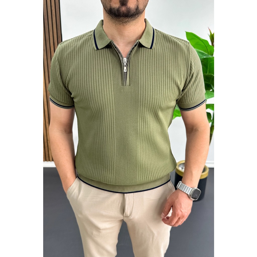 Edwox Erkek Polo Yaka Çizgili Tişört Haki EDW472 Giyim & İç Giyim Fiyatı