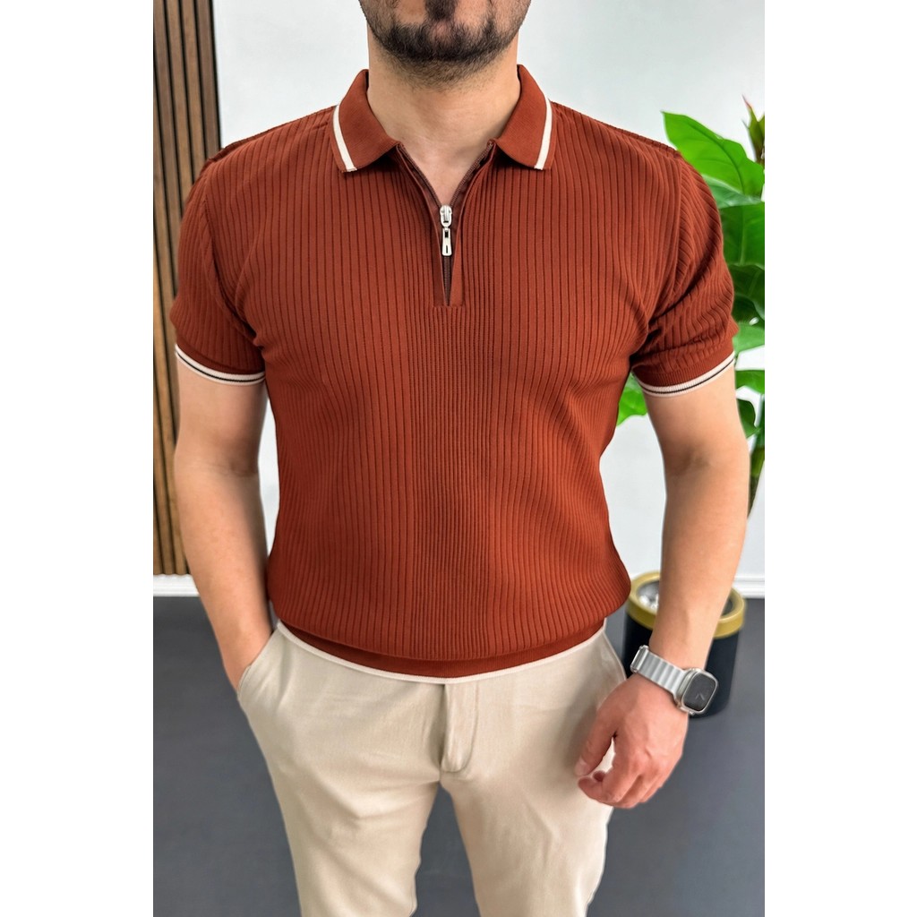 Edwox Erkek Polo Yaka Çizgili Tişört Kiremit EDW472 Giyim & İç Giyim Fiyatı