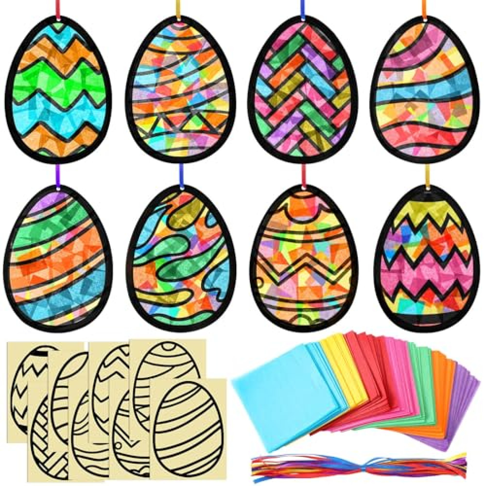 Eersida 32 Sets Easter Egg Crafts Kit, Easter Tissue Paper Suncatcher Bulk Stained Glass Effect, Spring Window Art DIY Paper Craft for Classroom Home Activities Party Decorations Gift
