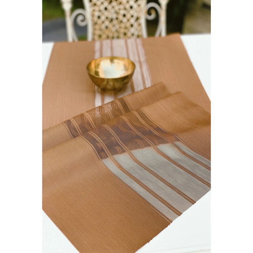 Ef Tasarım Gold Renk Çizgili Model Lazer Kesim Runner Masa Örtüsü - 140 x 40 cm Masa Örtüsü Fiyatı