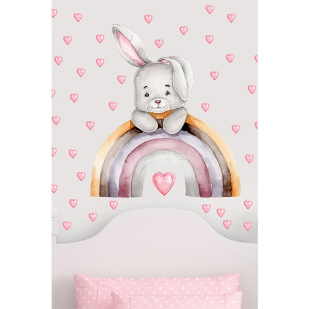 Efekt Reklam Sevimli Tavşan ve Renkli Gökkuşağı Pembe Kalpler Çocuk Bebek Odası Duvar Kağıdı Süsü Duvar Sticker Sticker Fiyatı