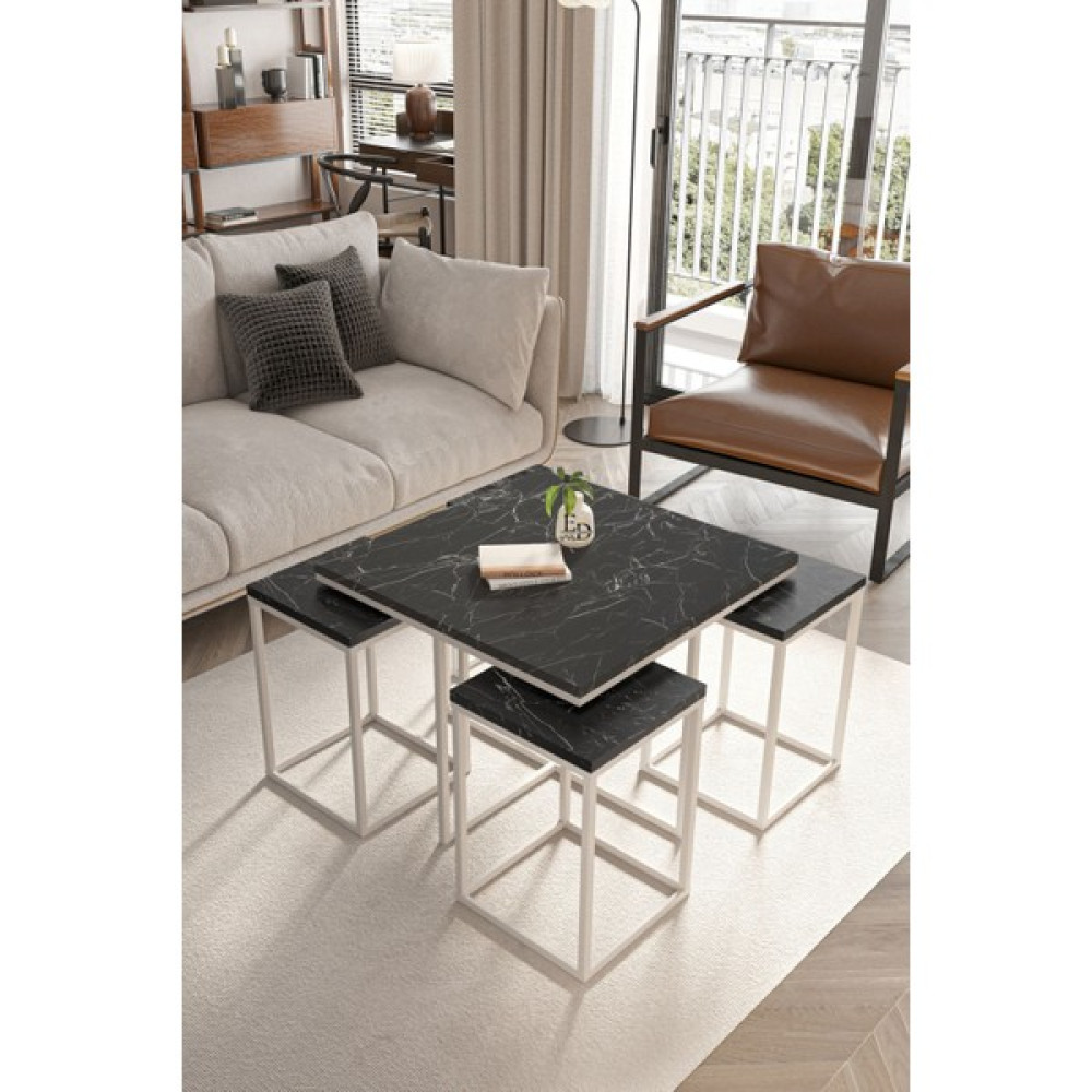 Efelez Design Lizbon 4+1 Kare Sehpa Takımı Beyaz Metal - Siyah Mermer Tabla - BEYAZ-SİYAH MERMER Orta Sehpa Fiyatı