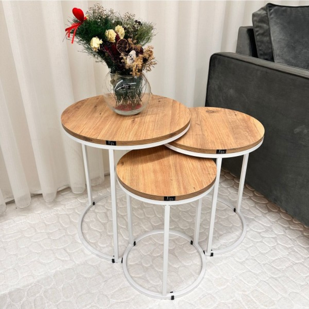 Efelez Design Paris 3'lü C Zigon Sehpa-Beyaz Metal-Atlantik Çam - BEYAZ-ATLANTİK ÇAM Zigon Sehpa Fiyatı
