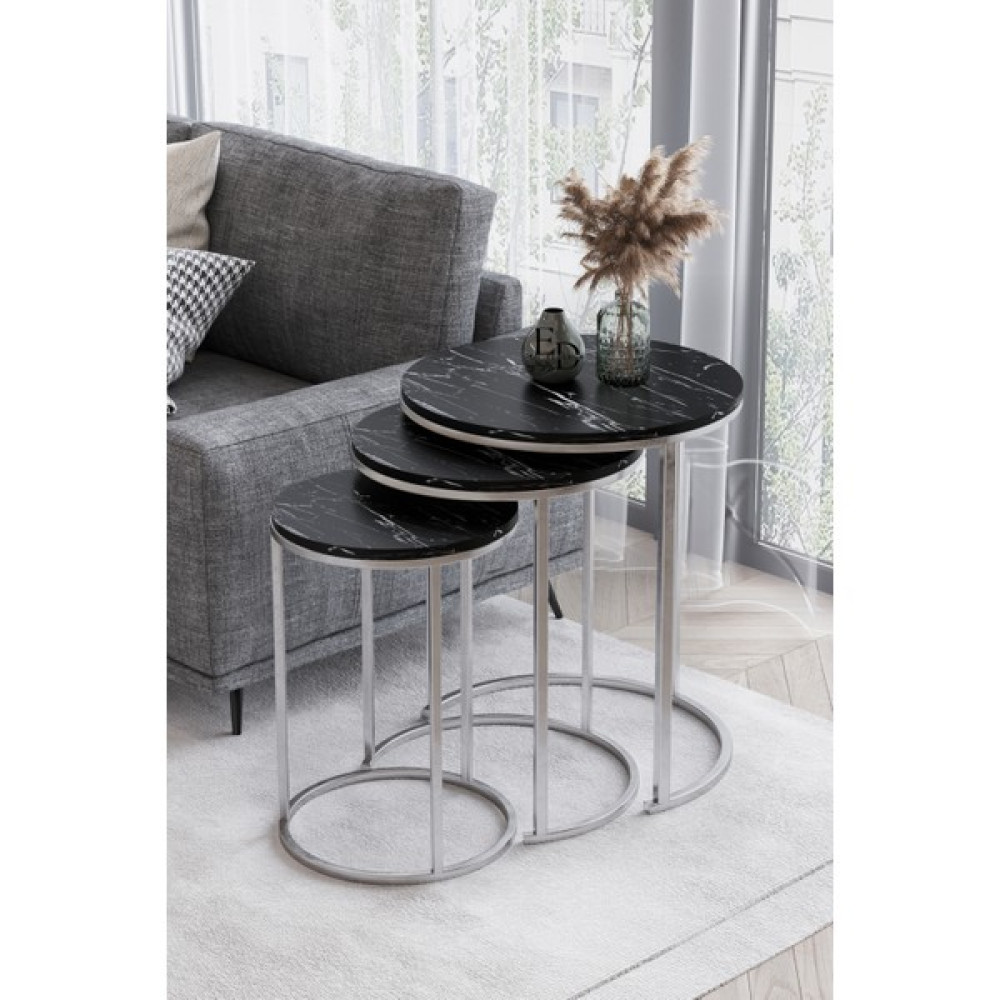 Efelez Design Paris 3'lü C Zigon Sehpa Gümüş Metal - Siyah Mermer Tabla - GÜMÜŞ-SİYAH MERMER Zigon Sehpa Fiyatı