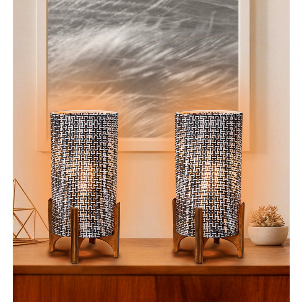 EFLIGHTDESIGN 2'li Ahşap Abajur Siyah Desenli Modern Şık Yatak Odası Salon Masa Lambası - Siyah - Naturel Ofis Masa Lambası Fiyatı