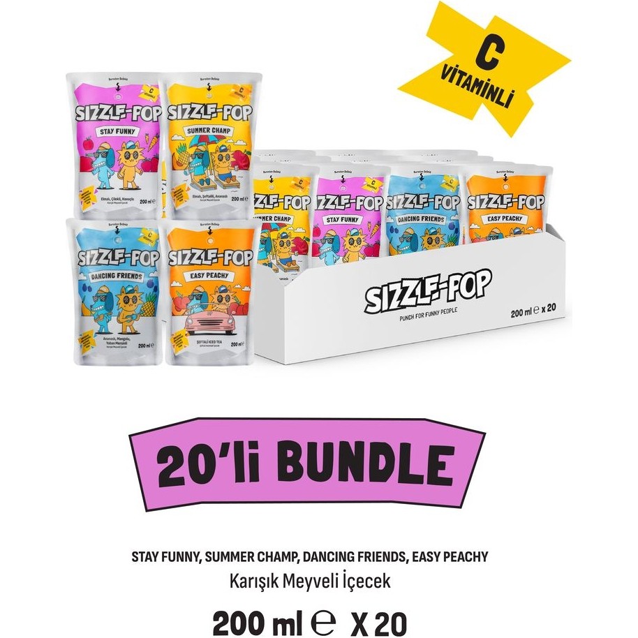 Efsane Sizzle-Pop 4’lü Karışık Meyveli Meşrubat 200 ml x 20 Stay Funny, Summer Champ, Dancing Friends, Easy Peach Diğer Fiyatı