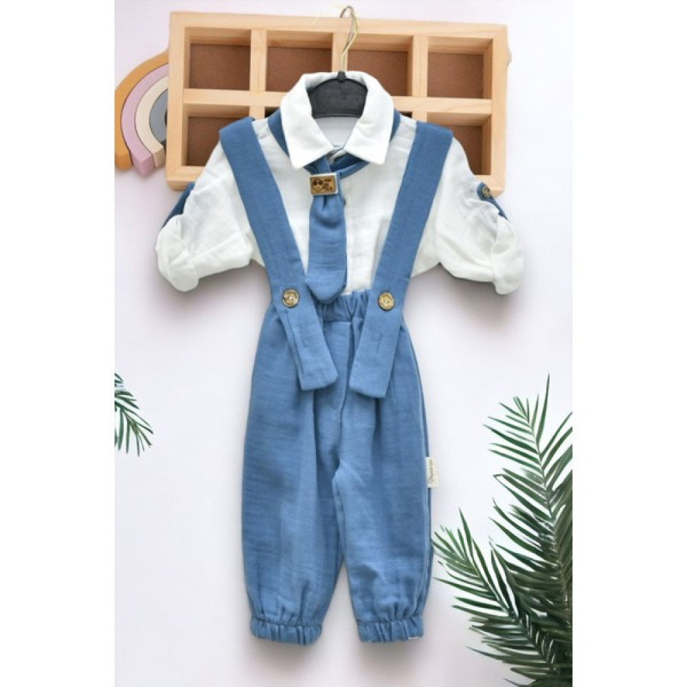 Ege Bebek Erkek Bebek Natural Müslin Kumaş Kravatlı Salopet Tulumlu Gömlekli Takım Elbise 3-6-9-12-18 Ay Bebek Giysi Takım Fiyatı