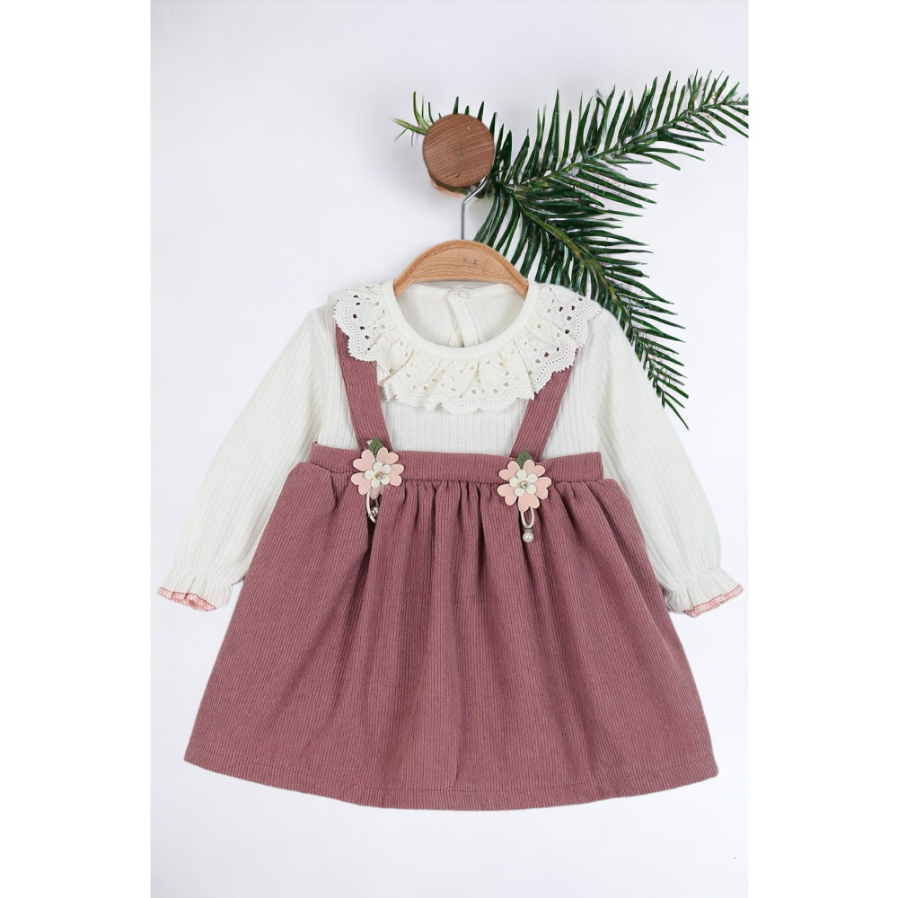 Ege Bebek Kız Bebek Vintage Dantel Yakalı Salopet Fitilli Elbise 12-18 AY Beden Elbise Fiyatı