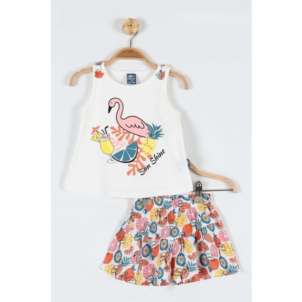 Ege Bebek Kız Bebek Yazlık Flamingo ve Meyveler Baskılı Omuzunda Fiyonk Detaylı Şortlu Günlük Takım Bebek Giysi Takım Fiyatı