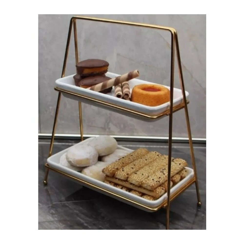 Ege Home 2 Katlı Gold Etajer Sunumluk İkramlık 2 Dikdörtgen Tabak Stand Mutfak Gereçleri Fiyatı