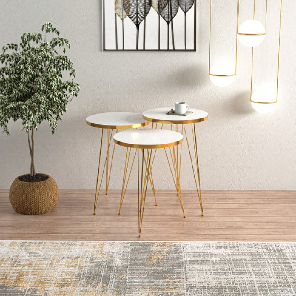 Ege Modüler Beyaz Gold Metal Ayaklı Gold Detaylı 3 Lü Zigon Sehpa Yuvarlak Zigon Sehpa Fiyatı
