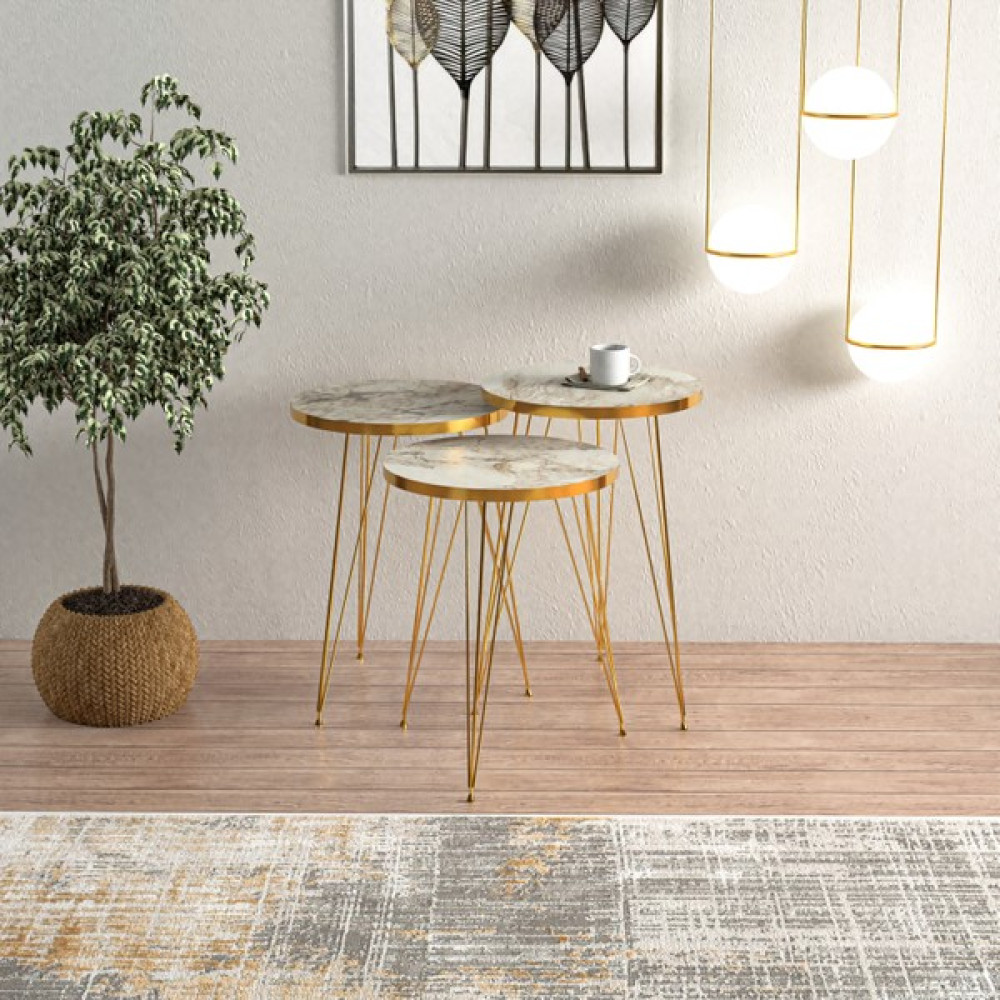 Ege Modüler Efes Gold Metal Ayaklı Gold Detaylı 3 Lü Zigon Sehpa Yuvarlak - Beyaz Zigon Sehpa Fiyatı