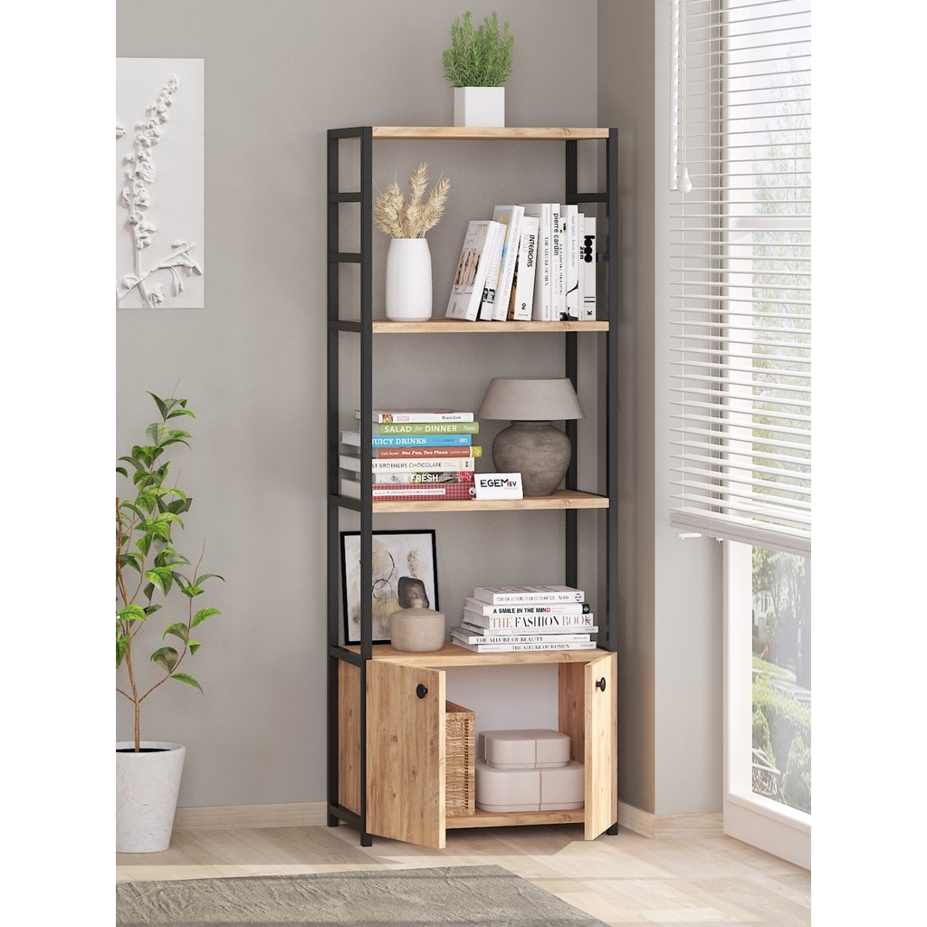Egem Ev Kitaplık 5 Raflı Çok Amaçlı Dosya Kitap Rafı Ofis Salon Rafı 140 cm 2 Kapaklı - Atlantik Çam Klasör Fiyatı