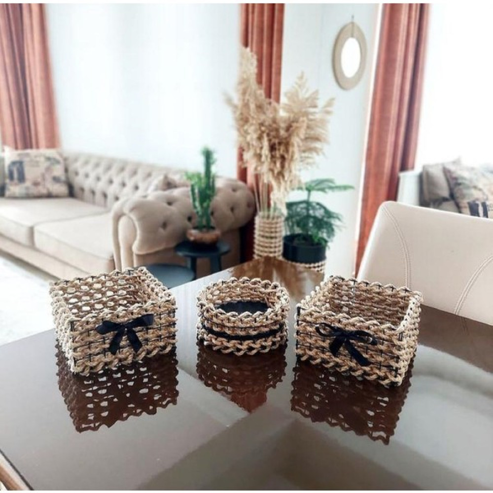 Egindra Hasır Tel Dekoratif Sepet Mini Sepet 3lü Set - 20 cm - Beyaz Sepet Fiyatı