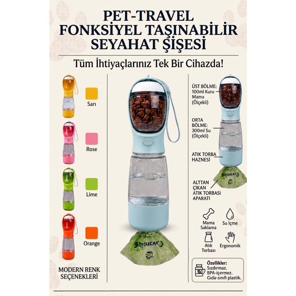 Ego Home Taşınabilir Kedi Köpek Suluğu 500 ml 3in 1 Arada Seyahat Su Şişesi Mama Kaseli ve Çöp Poşeti Hazneli - Mavi Diğer Fiyatı