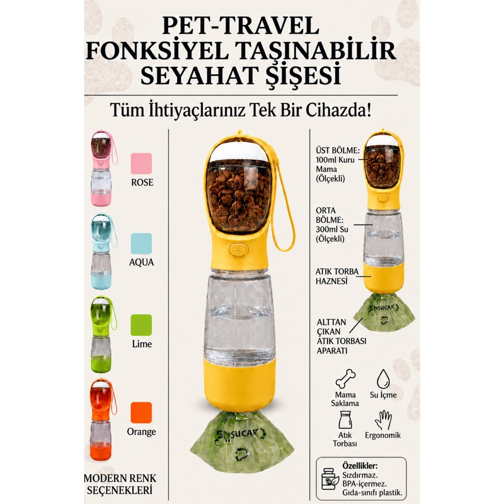 Ego Home Taşınabilir Kedi Köpek Suluğu 500 ml 3in 1 Arada Seyahat Su Şişesi Mama Kaseli ve Çöp Poşeti Hazneli - Sarı Diğer Fiyatı