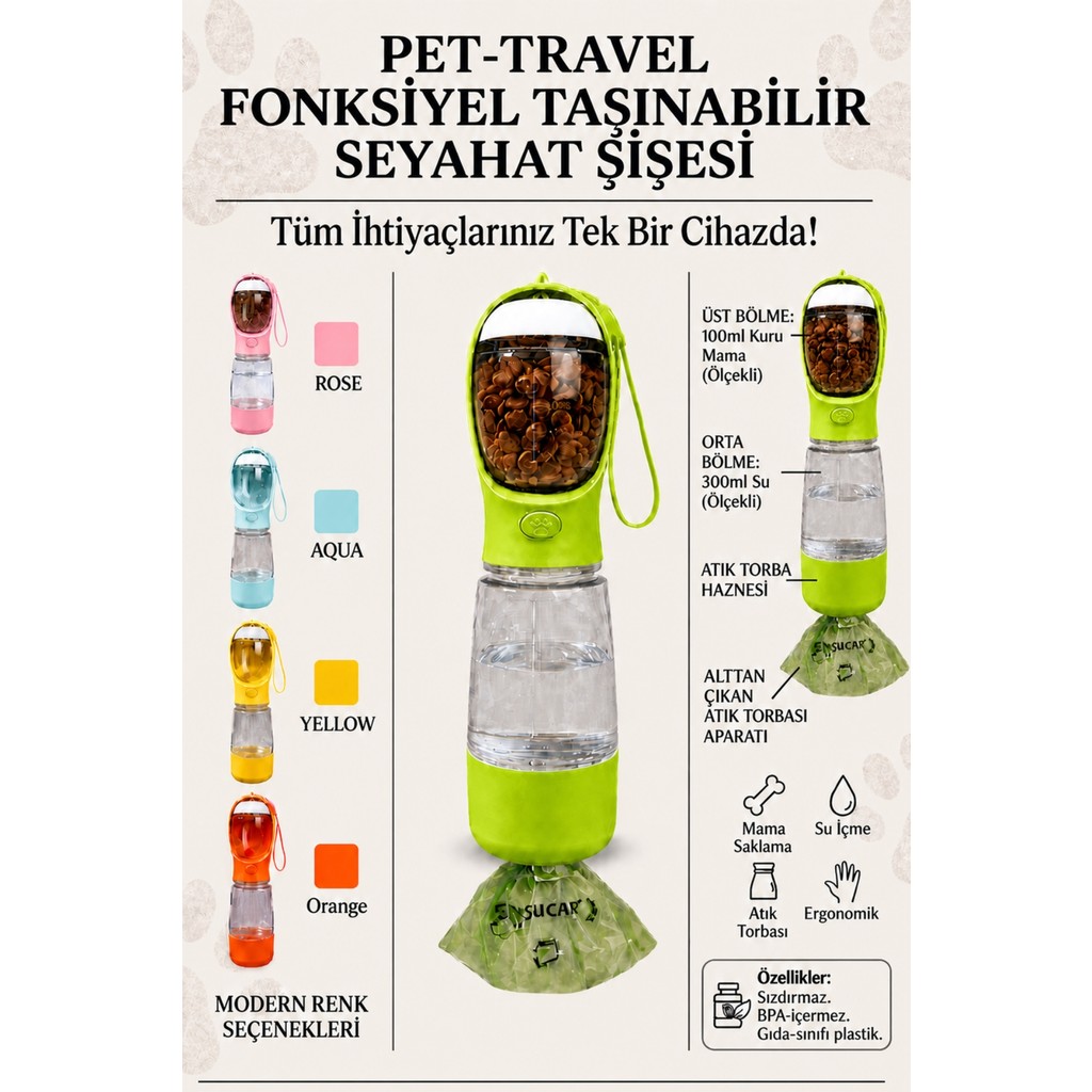 Ego Home Taşınabilir Kedi Köpek Suluğu 500 ml 3in 1 Arada Seyahat Su Şişesi Mama Kaseli ve Çöp Poşeti Hazneli - Yeşil Diğer Fiyatı