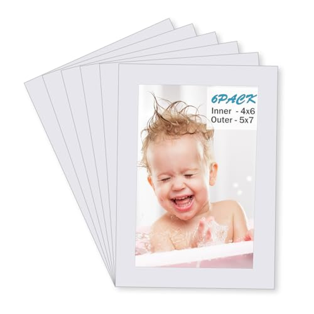 Egofine 5x7 White Picture Mats Pack of 6, Frame Mattes for 4x6 Pictures, Acid Free, 1.2mm Thickness, with Core Bevel Cut
