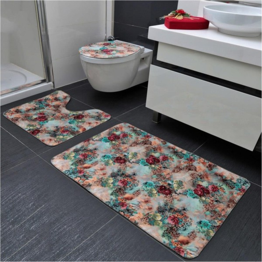 Egs Özel Ölçülerde Üretim - Gül Desenli Beyaz 3'lü Banyo Paspası 60X90 ve 50X90 cm Klozet Takımı Fiyatı
