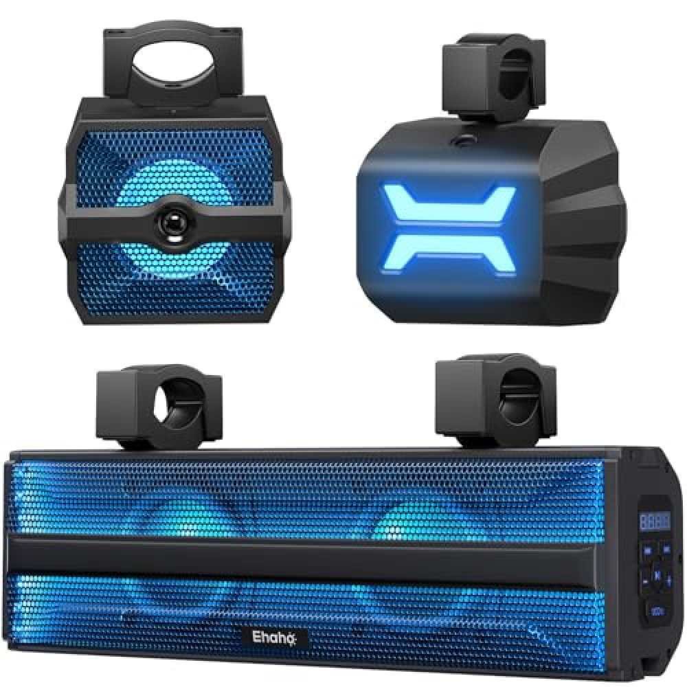 Ehaho 2.1CH Stereo UTV Sound Bar (Subwoofer) and Speakers, 17 Inch Bluetooth ATV Soundbar with RGB Lights, Waterproof Golf Cart Speakers, Marine Sound bar Compatible with SXS Polaris RZR Can-Am