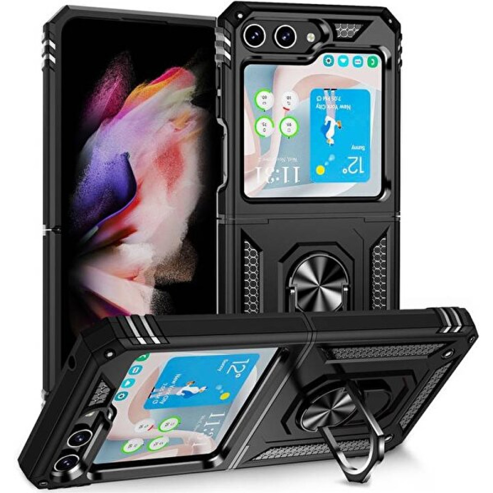 Ehr. Samsung Galaxy Z Flip 5 Uyumlu Standlı Yüzüklü A+ Kalite Tank Kılıf - Siyah Cep Telefonu Kılıfı Fiyatı