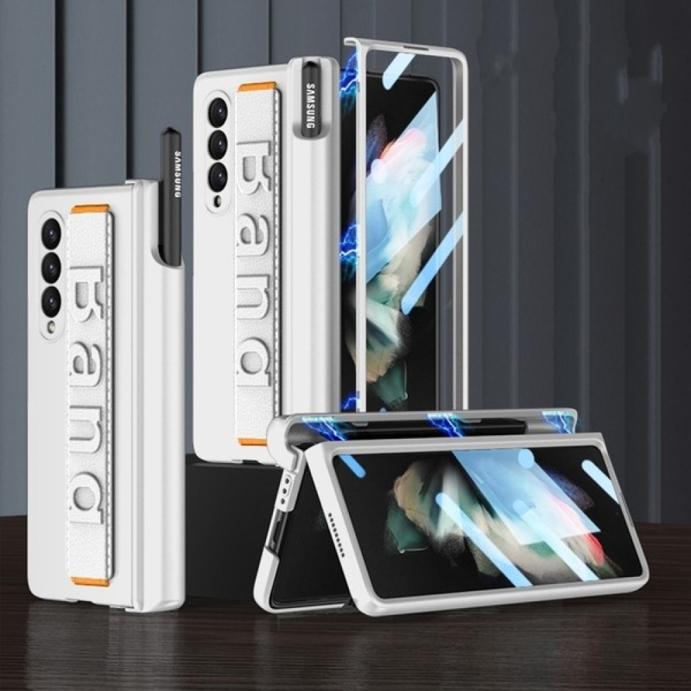 EHZ Teknoloji Galaxy Z Fold 3 Kılıf Kasa ve Ekran Koruyucu 360 Tam Koruma El Geçmeli Kapak+Kalem Bölmeli - Beyaz-Turuncu Cep Telefonu Kılıfı Fiyatı
