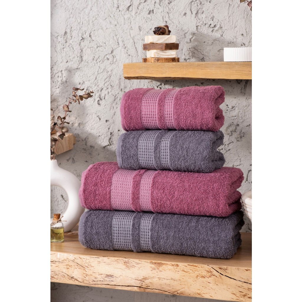 Eıfın Carven Yusyumuşak 4'lü Banyo Havlu Seti Hamam Takımı Çeyiz Seti - Antrasit - Mürdüm - 70 x 140 cm - 50 x 90 cm El / Yüz Havlusu Fiyatı
