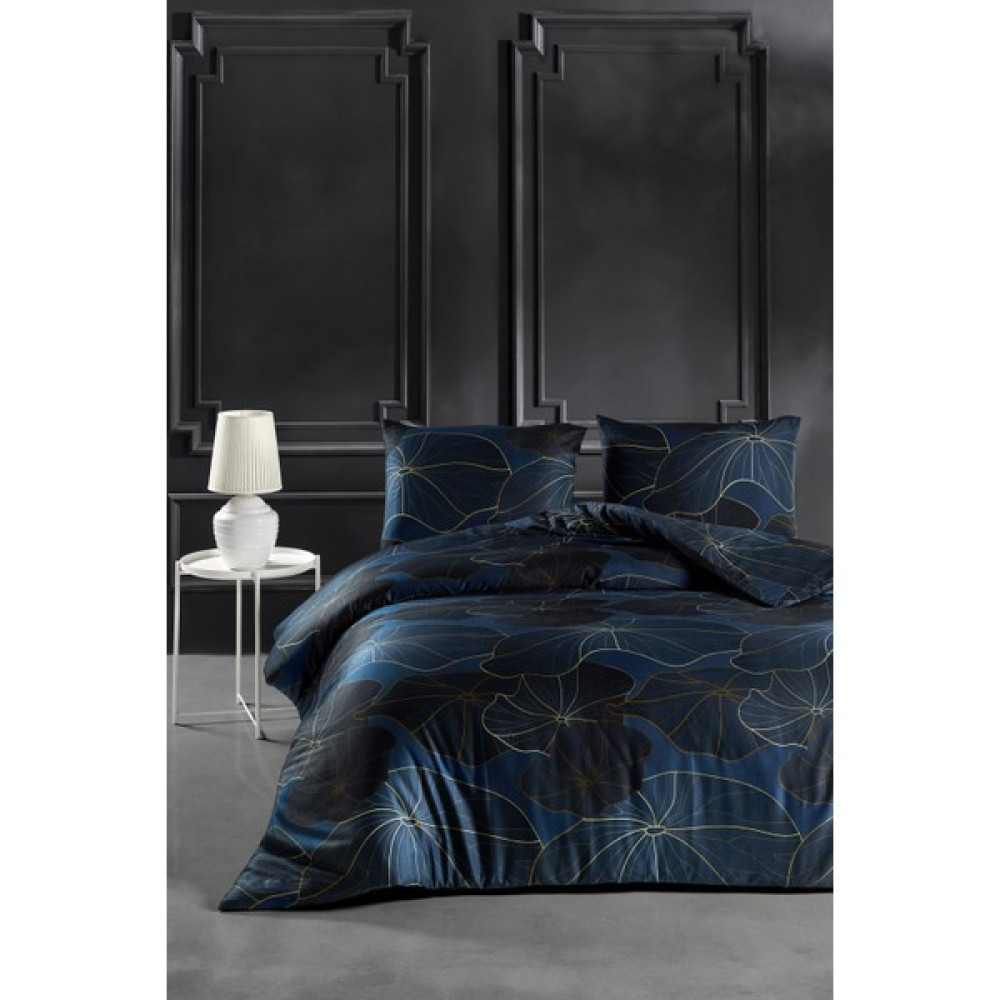 EIFIN Pamuk Saten Nevresim Takımı Çift Kişilik Çarşaflı Nilüfer Yaprağı - 200 x 220 cm - Gece Mavisi Nevresim Takımı Fiyatı