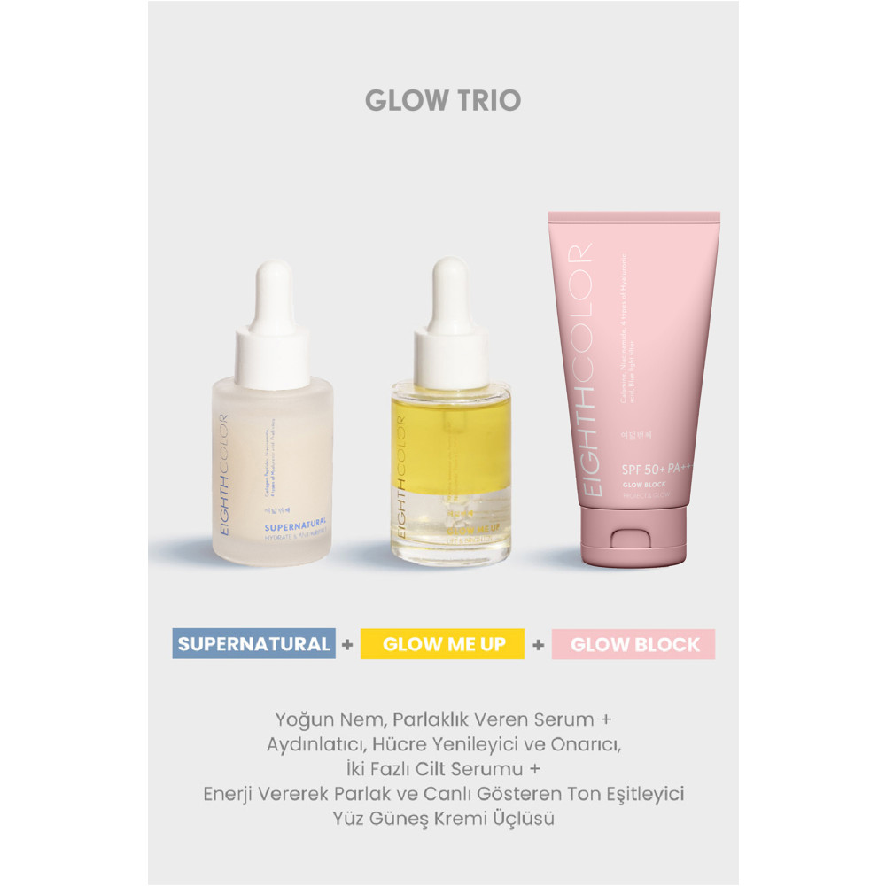 EIGHTH COLOR Glow Trio: Supernatural 30ml Glow Me Up 30ml Glow Block 50ml Cilt Temizleme ve Peeling Fiyatı