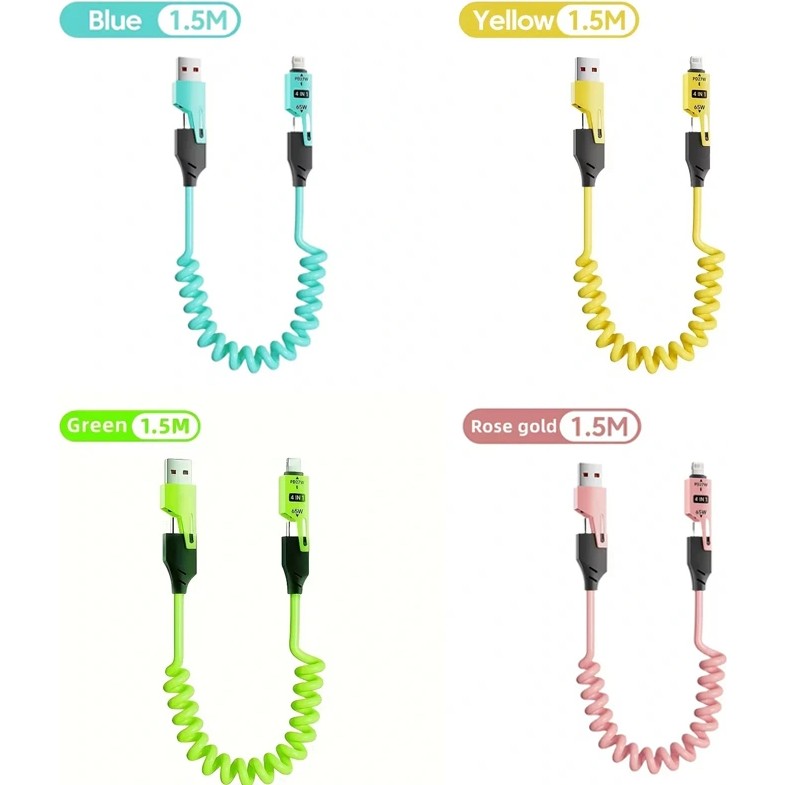 EIMA 4in1 Yaylı Esnek Hızlı Şarj Kablosu | Type-C Lightning Micro USB | 65W PD - Pembe Bilgisayar Çevirici ve Adaptörü Fiyatı
