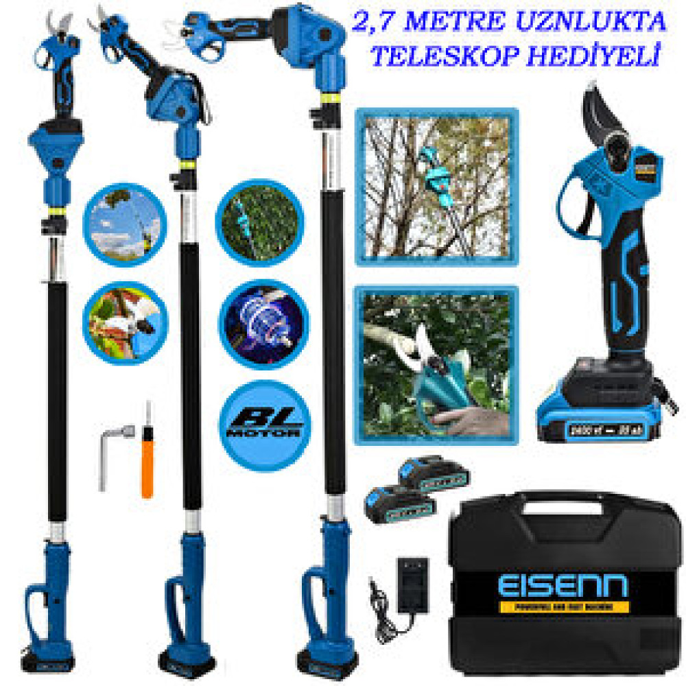 Eisenn Bağ Budama Dal Kesme Makası 2 Akülü 2400 Vf 20 Ah Blue Series 2.7 Mt Teleskop Hediyeli Dal Budama Makineleri Fiyatı