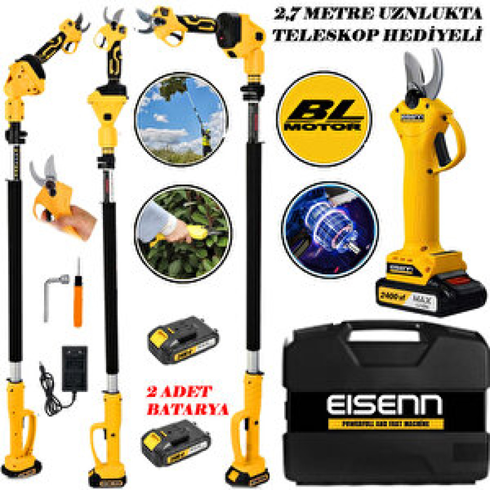 Eisenn Bağ Budama Dal Kesme Makası 2 Akülü 2400 Vf 20 Ah Yellow Series 2.7 Mt Teleskop Hediyeli Dal Budama Makineleri Fiyatı