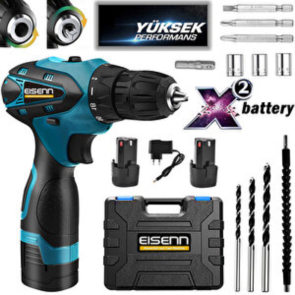Eisenn Esr-1200m Xr-drive BLUE 12 V 1,5 Ah Çelik Şanzuman Bakır Sargılı Çift Akülü Şarjlı Matkap Vidalama+Uç Set Hediyeli Matkaplar Fiyatı