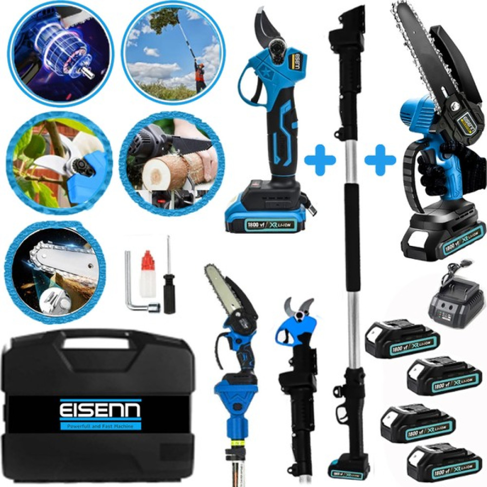Eisenn Germany 1800 Vf Blue 4 Adet Akülü Super Bağ Makası+Dal Budama 2.7 mt Teleskop Hediye Brushles Motor Ağaç Kesme Makinesi Fiyatı