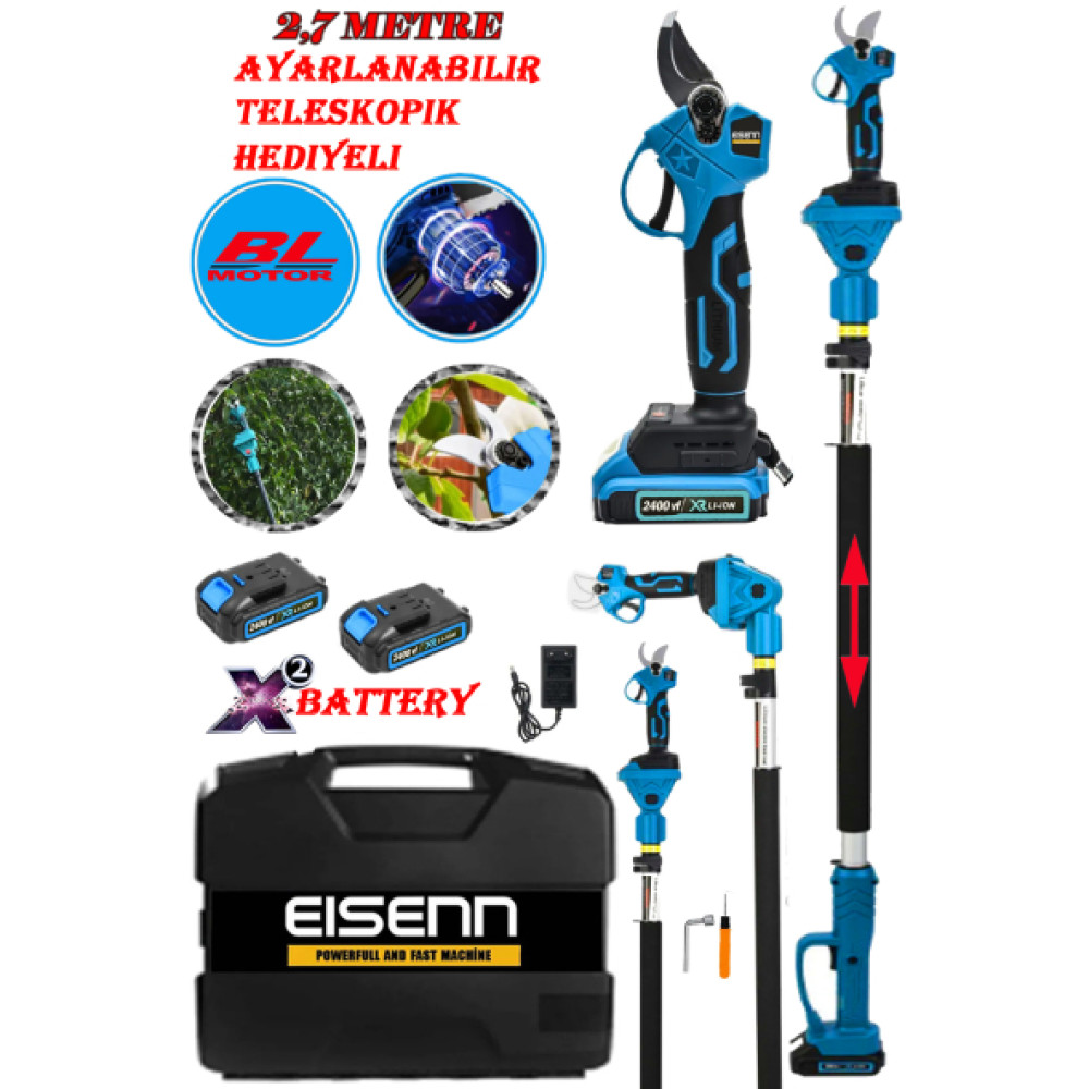 Eisenn Germany Bag Budama Dal Agac Kesme Makasi Blue Series 2400 Vf 20 Ah Cift Akulu 2.7 Mt Teleskop Hediyeli Dal Budama Makineleri Fiyatı