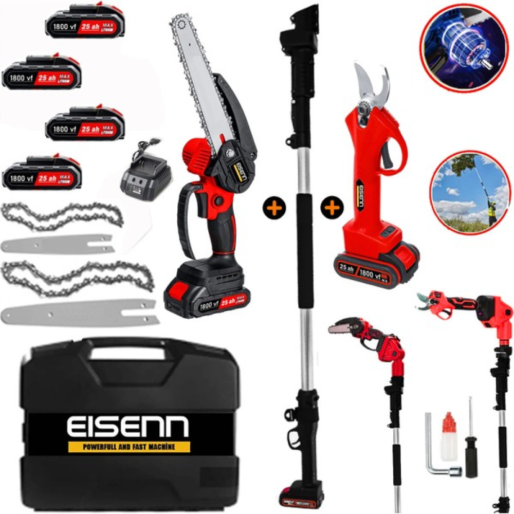 Eisenn Germany Red 1800 Vf Kömürsüz Motor 4 Adet Super Akülü Bağ Makası+Dal Budama 2.7 mt Teleskop Hediye Ağaç Kesme Makinesi Fiyatı