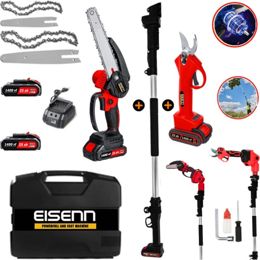 Eisenn Germany Red 2 Li Set Akülü Bağ Makası + Zincirli Budama Testeresi 1400 Vf 25 Ah 2.7 mt Teleskopik Hediyeli Ağaç Kesme Makinesi Fiyatı