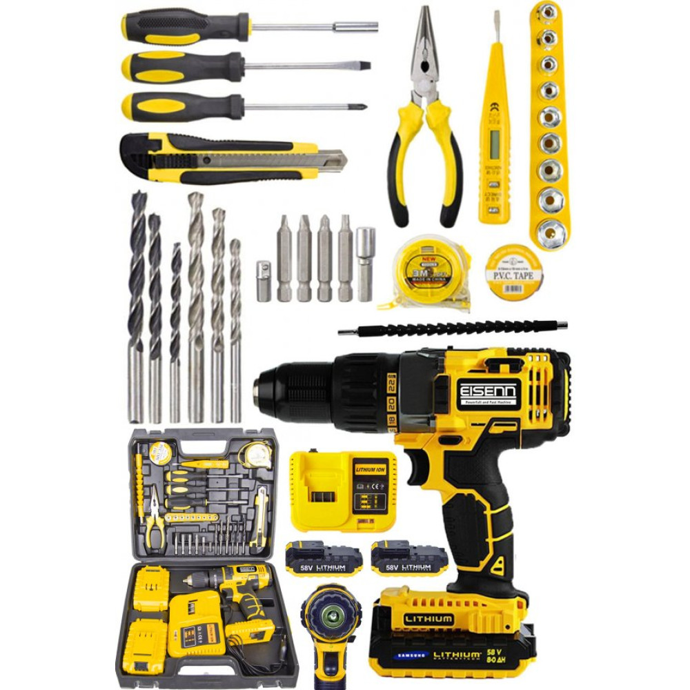 Eisenn Germany Technology 58 V 8 Ah Darbelı Lion Cift Akulu Metal Sanziman Turbo Sarjli Matkap +100 Pcs Set Matkaplar Fiyatı