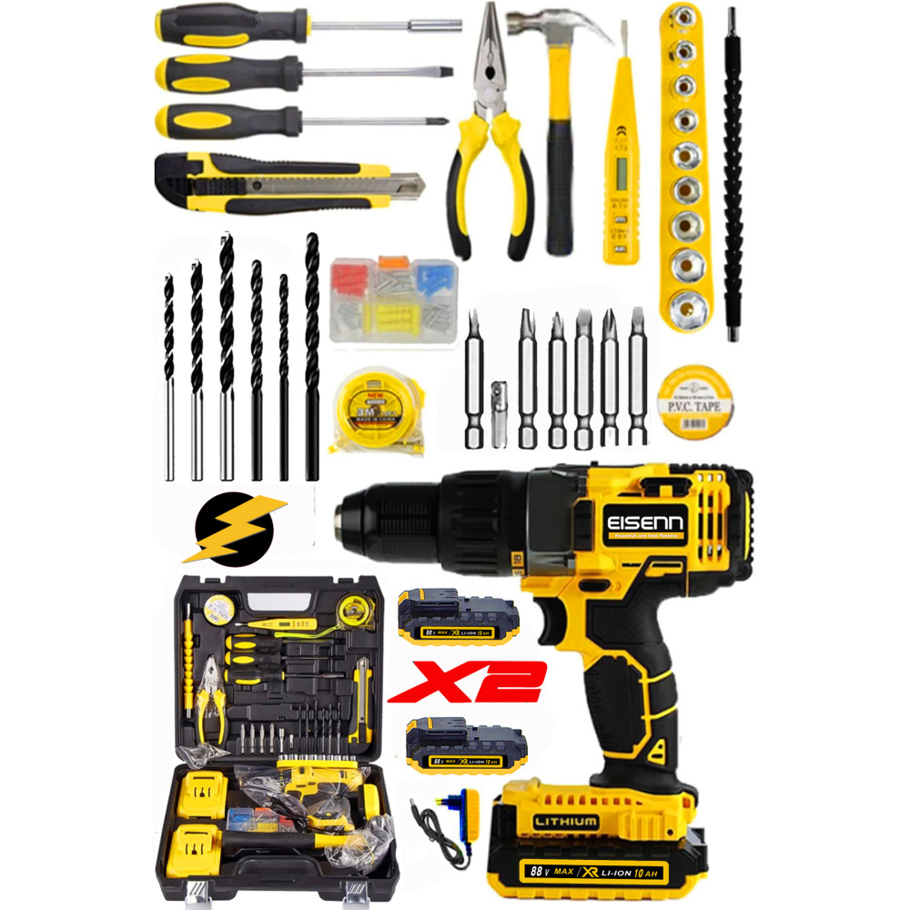 Eisenn Germany Technology 88 V 10 Ah Darbeli Lion Çift Akülü Metal Şanzıman Turbo Şarjlı Matkap 100 Pcs Set Akülü Vidalama Makinesi Fiyatı
