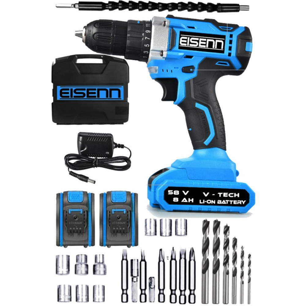 Eısenn Germany Technology Best Max Pro Blue 58 V 8 Ah Samsung Cift Akulu Vidalama Sarjli Matkap + 27 Pcs Set Matkaplar Fiyatı