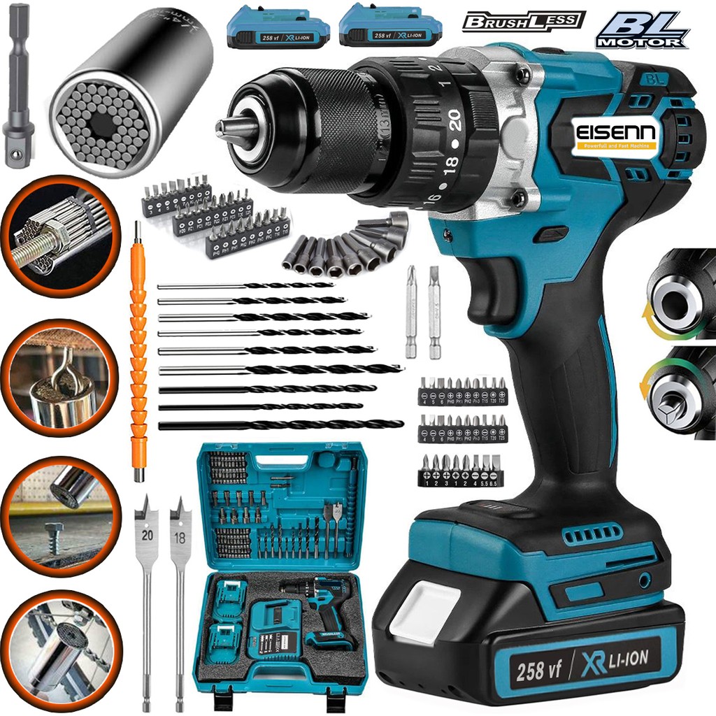 Eisenn Germany Technology Kömürsüz BL Motor 328 Vf 20 Ah Metal Şanzıman Çift Akülü Matkap Vidalama Üniversal Soket Hediyeli Matkaplar Fiyatı