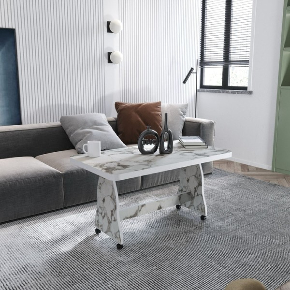 Ejder Metal Ejdr77 Tekerlekli Orta Sehpa - Beyaz Mermer - 60x102 Orta Sehpa Fiyatı