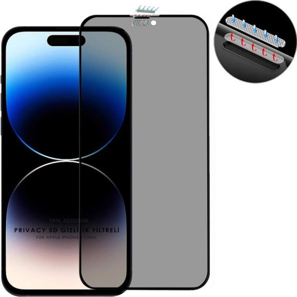 Ekolaks iPhone 15 Pro Max 9d Tam Kaplayan Kavizli Ahize Toz Korumalı Privacy Hayalet Gizlilik Filitreli Cam Cep Telefonu Ekran Koruyucusu Fiyatı
