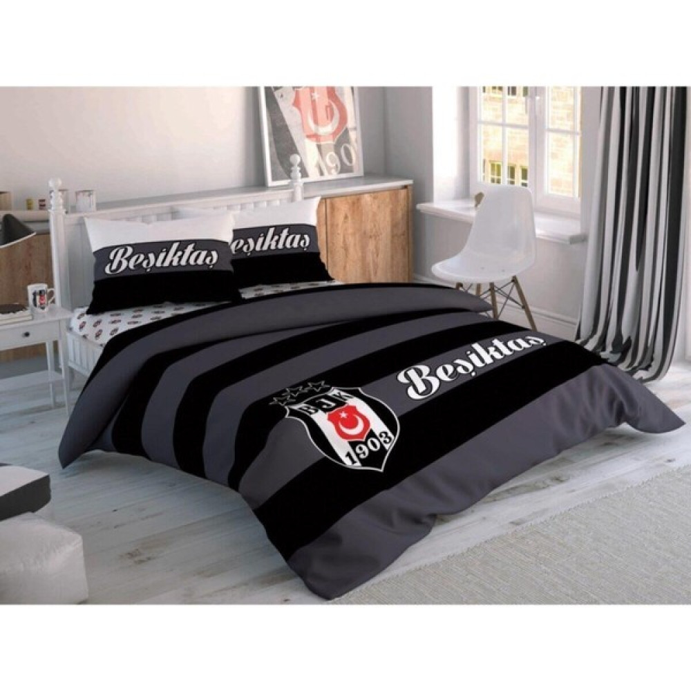 EKS Ticaret Taç Siyah Beşiktaş Striped Nevresim Takımı - 120 x 200 cm - Açık Gri Nevresim Takımı Fiyatı